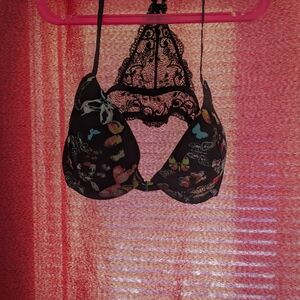 Women's Black Butterfly Print Lace Halter Bra